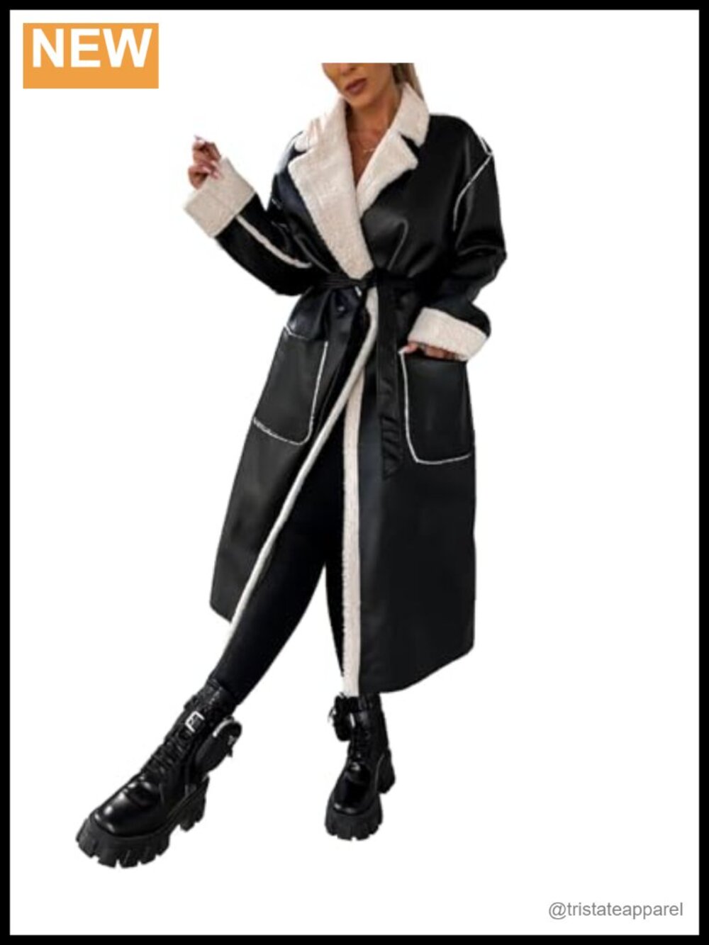 Women's Faux Leather Moto Bomber Jacket Sherpa-Lined Winter Long Coat with Belt